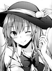 Rule 34 | 1girl, :q, ;), bad id, bad twitter id, blush, bow, bowtie, closed eyes, collared shirt, food, fruit, greyscale, hair between eyes, hand up, hat, heart, hinanawi tenshi, index finger raised, leaf, long hair, looking at viewer, monochrome, one eye closed, peach, shirt, sidelocks, smile, solo, tongue, tongue out, touhou, upper body, yuhito (ablbex)