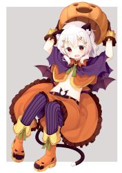 Rule 34 | 1girl, animal ears, bat wings, boots, cat ears, cat tail, commentary request, fangs, frilled skirt, frills, gloves, grey background, hair ornament, hairclip, halloween, halloween costume, highres, jack-o&#039;-lantern, looking at viewer, muku (muku-coffee), navel, open mouth, original, pantyhose, pumpkin, red eyes, shiro (muku), simple background, skirt, solo, striped clothes, striped pantyhose, tail, vertical-striped clothes, vertical-striped pantyhose, white hair, wings