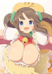 Rule 34 | 1girl, animal bag, bell, blue eyes, blush, breasts, brown hair, choker, cleavage, collar, dress, fang, female focus, floating hair, floor, from above, green choker, hair ornament, happy, highres, huge breasts, jingle bell, light blush, long hair, looking at viewer, minori (senran kagura), neck bell, outstretched arms, senran kagura, short sleeves, shortstack, sidelocks, skirt, smile, solo, spread arms, standing, tottotonero, twintails, yellow dress