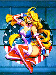Rule 34 | 1girl, ahoge, american flag, american flag print, arm at side, ass, bare shoulders, blonde hair, blue eyes, boots, breasts, cleavage, cleavage cutout, clothing cutout, collar, covered navel, drop shadow, earrings, elbow gloves, eye mask, fingerless gloves, fingernails, flag print, floating, forehead, from side, full body, genzoman, glint, gloves, gold, halterneck, high heel boots, high heels, highleg, highleg leotard, impossible clothes, impossible leotard, jewelry, kamen america, kamen america (comic), large breasts, legs up, leotard, linea alba, lips, long hair, multicolored clothes, muscular, narrow waist, nose, open mouth, original, parted hair, patriotism, pinup (style), rivets, salute, sash, shiny skin, sideboob, signature, smile, solo, star (symbol), star cutout, star earrings, striped clothes, striped footwear, superhero costume, swept bangs, taut clothes, taut leotard, teeth, thick thighs, thigh boots, thighhighs, thighs, tongue, tsurime, upper teeth only, wavy hair, yellow sash