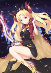 Rule 34 | 1girl, absurdres, black dress, blonde hair, bow, diadem, dress, unworn earring, ereshkigal (fate), fate/grand order, fate (series), floating hair, hair bow, haori, highres, holding, holding sword, holding weapon, japanese clothes, long hair, looking at viewer, night, poinia, red bow, red eyes, short dress, solo, sword, very long hair, weapon