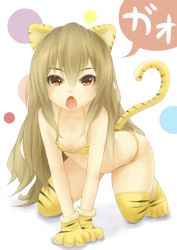 Rule 34 | 1girl, aisaka taiga, all fours, animal ears, animal print, b-man, bad id, bad pixiv id, bikini, brown eyes, brown hair, crossover, fang, long hair, open mouth, solo, swimsuit, tail, thighhighs, tiger ears, tiger print, tiger tail, toradora!
