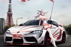 Rule 34 | 1girl, absurdres, alternate costume, asymmetrical horns, azur lane, backless leotard, bare shoulders, blue eyes, breasts, car, cleavage, collarbone, commentary, day, elbow gloves, fishnets, flag, floating hair, full body, gloves, hair between eyes, hair on horn, hakuryuu (azur lane), high heels, highres, holding, holding pole, horns, kcar66t, large breasts, leotard, long hair, looking at viewer, mismatched horns, motor vehicle, multiple horns, outdoors, parted lips, pole, race queen, red horns, sidelocks, sitting on car, skindentation, smile, solo, standing, thighhighs, tokyo tower, toyota, toyota supra, toyota supra mk v, white footwear, white gloves, white hair, white horns, white leotard, white thighhighs, zipper leotard, zipper pull tab