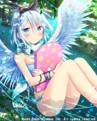 Rule 34 | + +, 1girl, angel wings, ass, black ribbon, blue eyes, blush, board, bracelet, cross, falkyrie no monshou, hairband, jewelry, looking at viewer, natsumekinoko, official art, parted lips, partially submerged, ribbon, short hair, silver hair, solo, swimsuit, wings
