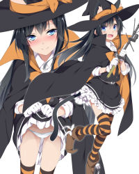 Rule 34 | 1girl, :d, animal ears, asashio (kancolle), belt, belt buckle, black cape, black hair, black skirt, blush, boots, bow, brown footwear, buckle, cape, cat ears, cat tail, closed mouth, clothes lift, commentary request, frilled skirt, frills, gloves, halloween costume, hat, hat bow, highres, holding, kantai collection, kemonomimi mode, lifted by self, long hair, long sleeves, looking at viewer, mtu (orewamuzituda), multiple views, open mouth, orange bow, orange thighhighs, panties, shirt, sidelocks, simple background, skirt, skirt lift, smile, standing, standing on one leg, striped clothes, striped thighhighs, tail, thighhighs, underwear, white background, white gloves, white panties, white shirt, witch hat