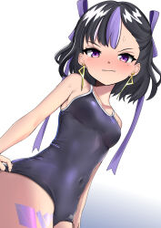 Rule 34 | 1girl, absurdres, black hair, blush, breasts, clenched teeth, covered navel, dedorudy, earrings, goddess of victory: nikke, hair ribbon, highres, jewelry, leg tattoo, mole, mole under eye, multicolored hair, one-piece swimsuit, purple eyes, purple hair, purple ribbon, ribbon, school swimsuit, short hair, small breasts, solo, streaked hair, swimsuit, syuen (nikke), tattoo, teeth