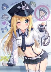 Rule 34 | 1girl, ;3, aiguillette, akabane (zebrasmise), aqua eyes, arm support, belt, black gloves, black hat, black skirt, blonde hair, bow, breast pocket, collared shirt, cowboy shot, crop top, cuffs, fingerless gloves, flat chest, garter straps, gloves, groin, hair bow, hand up, handcuffs, hat, highres, holding, long hair, long sleeves, looking at viewer, microskirt, midriff, mononobe alice, navel, necktie, nijisanji, one eye closed, peaked cap, pleated skirt, pocket, police, police hat, police uniform, revealing clothes, shirt, side-tie peek, skirt, solo, standing, stomach, suspenders, thighhighs, thighs, uniform, v-shaped eyebrows, virtual youtuber, white shirt, white thighhighs, zettai ryouiki