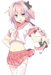 Rule 34 | 1boy, astolfo (fate), astolfo (sailor paladin) (fate), braid, fate/apocrypha, fate/grand order, fate (series), hair ribbon, long hair, looking at viewer, male focus, midriff, official alternate costume, open mouth, pink hair, purple eyes, ribbon, single braid, skirt, smile, solo, thighhighs, trap, white thighhighs