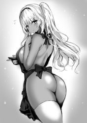Rule 34 | 1girl, apron, ass, back, bare shoulders, breasts, cowboy shot, cup, dark-skinned female, dark skin, female focus, from behind, greyscale, hairband, holding, large breasts, long hair, looking at viewer, looking back, mafuyu (kanden shoujyo), monochrome, naked apron, original, sakazuki, side ponytail, sketch, smile, solo, standing, thighhighs