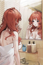 Rule 34 | 1girl, :o, absurdres, bare shoulders, blush, breasts, camisole, cleavage, commentary request, faucet, highres, indoors, large breasts, mirror, original, parted lips, red hair, reflection, solo, spaghetti strap, strap slip, upper body, uth 95