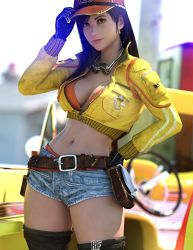 Rule 34 | 1girl, 3d, absurdres, alternate costume, belt, black hair, bra, breasts, buckle, car, cidney aurum, cidney aurum (cosplay), cleavage, closed mouth, collar, cosplay, day, denim, earrings, female focus, final fantasy, final fantasy vii, final fantasy vii remake, final fantasy xv, gloves, goggles, goggles around neck, hand on own hip, hat, highres, jacket, jeans, jewelry, long hair, midriff, motor vehicle, navel, outdoors, panties, pants, partially unzipped, popped collar, red eyes, rudefrog, short shorts, shorts, solo, square enix, standing, stomach, thighs, tifa lockhart, tool belt, underwear, yellow jacket, zipper, zipper pull tab
