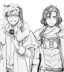 Rule 34 | 2boys, ^ ^, armor, cloak, closed eyes, closed mouth, collared shirt, constantine xi (fate), curtained hair, earrings, expressionless, closed eyes, facial hair, fate/grand order, fate (series), flower, fur-trimmed jacket, fur trim, glasses, greyscale, grin, hair between eyes, highres, holding, holding flower, jacket, jewelry, juliet sleeves, long hair, long sleeves, looking at viewer, male focus, mehmed ii (fate), monochrome, multiple boys, open collar, puff and slash sleeves, puffy sleeves, qmiqun, rose, shirt, short hair, simple background, smile, straight-on, stubble, turban, upper body, white background