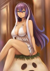 Rule 34 | 1girl, bad proportions, breasts, cleavage, dress, enumiyaa, highres, indoors, isabelle (shadowverse), large breasts, crossed legs, looking at viewer, open mouth, purple hair, shadowverse, sitting, solo, white dress