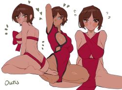 Rule 34 | 1girl, back, bare shoulders, barefoot, brown hair, chinese clothes, highres, multiple views, outis (project moon), project moon, short hair, sitting, wariza, white background, yongsadragon