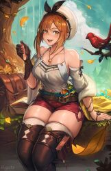Rule 34 | 1girl, absurdres, artist name, atelier (series), atelier ryza, bag, bare shoulders, belt, bird, blush, breasts, brown eyes, brown footwear, brown gloves, brown hair, camisole, cloud, detached sleeves, eyelashes, falling leaves, gatery, gloves, highres, holding vial, large breasts, leaf, looking at viewer, medium hair, navel, open mouth, red shorts, reisalin stout, shorts, sitting, solo, star (symbol), star in eye, symbol in eye, thighhighs, thighs, white camisole, white thighhighs