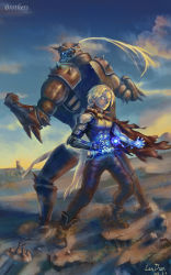 Rule 34 | 2boys, alphonse elric, armor, artist name, back-to-back, bare pectorals, belt, belt chain, blonde hair, blue sky, boots, brothers, cape, casting spell, cloud, commentary request, dawn, desert, edward elric, electricity, fighting stance, flamel symbol, full armor, full body, fullmetal alchemist, glowing, glowing eyes, highres, lan dian, magic, mechanical arms, multiple boys, pectorals, rebar, siblings, single mechanical arm, sky, spiked armor, standing, torn cape, torn clothes