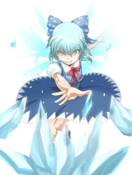 Rule 34 | 1girl, cirno, crystal, dress, element bender, embodiment of scarlet devil, female focus, gradient background, hair ribbon, ice, mikel (4hands), polka dot, ribbon, solo, touhou, white background
