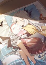 Rule 34 | 1girl, ahoge, alarm clock, armband, barefoot, bed, blue archive, clock, closed eyes, coat, coat on shoulders, curled up, doll, gamer02153, highres, hina (blue archive), hina (pajamas) (blue archive), holding, horns, hug, hugging doll, hugging object, lying, on bed, pajamas, pillow, pink pajamas, pink skirt, skirt, sleeping, sunlight, white hair, wings