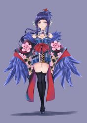 Rule 34 | a7741, absurdres, bad id, bad pixiv id, bare shoulders, bell, black thighhighs, blue background, blue hair, breasts, character request, detached sleeves, floral print, full body, highres, jingle bell, long hair, looking at viewer, medium breasts, mole, mole under eye, onmyoji, pink eyes, ponytail, sandals, sidelocks, simple background, smile, solo, standing, thighhighs, umbrella hair ornament, winged arms, wings