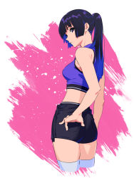 Rule 34 | 1girl, ass, bare shoulders, black hair, black shorts, blue eyes, blue hair, blue shirt, blunt bangs, blunt ends, breasts, commentary, crop top, cropped legs, from behind, hand on own ass, hibike! euphonium, high-waist shorts, highres, kamo kamen, kousaka reina, light frown, long hair, looking at viewer, looking back, medium breasts, midriff, multicolored hair, ponytail, profile, shirt, short shorts, shorts, sidelocks, simple background, sleeveless, solo, thighhighs, two-tone hair, white thighhighs