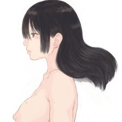 Rule 34 | 1girl, black hair, blush, breasts, brown eyes, closed mouth, floating hair, large breasts, mole, mole on breast, nipples, nude, original, shu-mai, simple background, solo, upper body, white background