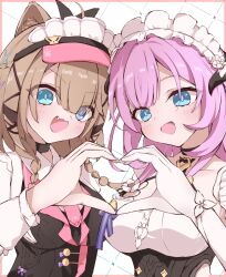 2girls animal_ear_fluff animal_ears black_choker black_vest blue_eyes blush border braid breasts brown_hair choker clothing_cutout elf elysia_(honkai_impact) elysia_(miss_pink)_(honkai_impact) elysia_(miss_pink_elf)_(honkai_impact) flower gloves green_eyes hair_between_eyes hair_flower hair_ornament hat heart heart_hands heart_hands_duo heterochromia highres hiruga_agurih honkai_(series) honkai_impact_3rd horns large_breasts long_hair looking_at_viewer maid maid_headdress medium_breasts multiple_girls official_alternate_costume open_mouth outside_border pardofelis pardofelis_(meowtose_macchiato) pink_hair pink_hat pointy_ears purple_nails side_cutout smile twin_braids vest white_background white_gloves yellow_nails