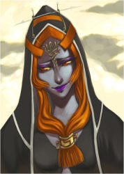Rule 34 | 1girl, colored sclera, colored skin, eyeshadow, front ponytail, grey skin, hood, jewelry, lips, lipstick, long hair, makeup, midna, midna (true), nintendo, orange hair, pointy ears, portrait, purple lips, red eyes, smile, solo, spoilers, suguro, the legend of zelda, the legend of zelda: twilight princess, tiara, yellow sclera