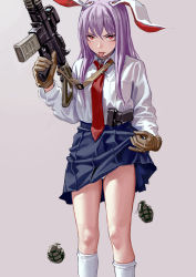 Rule 34 | 1girl, animal ears, blue skirt, breast pocket, brown gloves, commentary, explosive, feet out of frame, fkey, gloves, grenade, grey background, gun, hair between eyes, hand up, handgun, highres, holding, holding gun, holding weapon, kneehighs, long hair, looking at viewer, miniskirt, necktie, panties, panty peek, pantyshot, pistol, pocket, purple hair, rabbit ears, red eyes, red necktie, reisen udongein inaba, rifle, shirt, simple background, skirt, skirt hold, socks, solo, standing, thighs, tongue, tongue out, touhou, underwear, v-shaped eyebrows, weapon, white panties, white shirt, white socks, wing collar