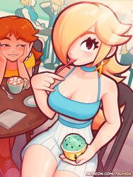 Rule 34 | 1boy, 4girls, anya&#039;s heh face (meme), blonde hair, blush, bowl, breasts, brown eyes, brown hair, chair, cleavage, coffee, coffee cup, cup, disposable cup, eating, faceless, faceless female, faceless male, food, hair over one eye, hands on own cheeks, hands on own face, highres, holding, holding bowl, ice cream, large breasts, link, looking at another, looking at viewer, mario (series), meme, multiple girls, nintendo, open mouth, pointy ears, princess daisy, princess zelda, rosalina, shoes, sitting, smile, table, the legend of zelda, the legend of zelda: tears of the kingdom, tsuvida