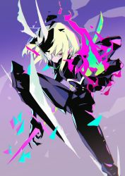 Rule 34 | 1boy, armor, black armor, blonde hair, broken, broken armor, claws, eyes visible through hair, fire, fire, green fire, holding, holding sword, holding weapon, horns, lio fotia, looking at viewer, male focus, open mouth, promare, purple fire, red eyes, reverse grip, solo, spleen211, sword, weapon