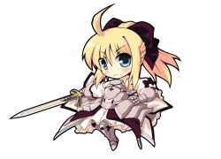 Rule 34 | 1girl, ahoge, armor, armored dress, artoria pendragon (fate), bare shoulders, blonde hair, caliburn (fate), capcom, chibi, detached sleeves, fate/stay night, fate/unlimited codes, fate (series), gauntlets, grafity7, greaves, green eyes, hair ribbon, ribbon, saber (fate), saber lily, smile, solo, sword, take tonbo, type-moon, updo, weapon