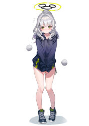 Rule 34 | 1girl, black footwear, black hoodie, blue archive, blush, closed mouth, cross hair ornament, drone, flying sweatdrops, full body, green eyes, grey hair, hair ornament, halo, hare (blue archive), highres, hood, hood down, hoodie, long hair, long sleeves, looking at viewer, no pants, pipipipyu, shoes, simple background, solo, standing, white background