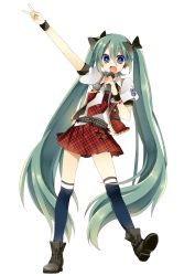 Rule 34 | 1girl, bad id, bad pixiv id, belt, blue eyes, bracelet, full body, green hair, hair ribbon, hatsune miku, highres, ichinose yukino, jewelry, long hair, microphone, necktie, open mouth, outstretched arm, ribbon, skirt, solo, star (symbol), thighhighs, transparent background, twintails, v, very long hair, vest, vocaloid