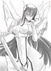 Rule 34 | 10s, 1girl, ass, bakuzan, black hair, blush, breasts, cleavage, cleavage cutout, clothing cutout, female focus, gloves, haganef, hair ornament, hairclip, huge ass, junketsu, kill la kill, kiryuuin satsuki, large breasts, leg up, long hair, looking at viewer, middle finger, midriff, monochrome, mouth hold, navel, revealing clothes, sketch, solo, suspenders, sword, thighhighs, weapon, white background