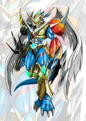 Rule 34 | abs, arm blade, arm cannon, armor, blue skin, claws, colored skin, digimon, dragon, fingernails, fladramon, fusion, gauntlets, highres, long fingernails, magnamon, no humans, raidramon, red eyes, sawa d, shoulder armor, spikes, torn wings, weapon, wings
