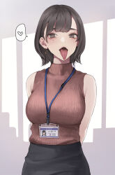 Rule 34 | 1girl, absurdres, arms behind back, bare shoulders, black skirt, blush, breasts, brown eyes, brown hair, brown shirt, earrings, heart, highres, id card, indoors, jewelry, koh (minagi kou), lanyard, large breasts, long tongue, looking at viewer, mole, mole under eye, office lady, open mouth, original, ribbed shirt, shirt, short hair, skirt, sleeveless, sleeveless shirt, solo, spoken heart, tongue, tongue out, watch, wristwatch