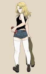 Rule 34 | 10s, 1girl, blonde hair, blue eyes, bomber jacket, boots, brown background, can, coca-cola, denim, denim shorts, drink can, from behind, girls und panzer, highres, holding, holding clothes, holding jacket, jacket, kani aruki (bucket crawl), kay (girls und panzer), long hair, looking at viewer, looking back, parted bangs, short shorts, shorts, sketch, smile, soda can, solo, tan background, tank top, thighhighs, unworn jacket, zettai ryouiki