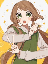 Rule 34 | 1girl, blush stickers, brown hair, collared shirt, green eyes, highres, holding, long hair, long sleeves, looking at viewer, low twintails, maco22, open mouth, original, shirt, solo, twintails, very long hair, vest, w