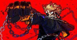 Rule 34 | absurdres, animal ears, axel syrios, blonde hair, blood, blood on face, blood on hands, blue eyes, chain, clenched hand, dog ears, gloves, highres, holoboisart, holostars, holostars english, jacket, looking at viewer, multicolored hair, raised fist, red background, virtual youtuber