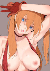 Rule 34 | 1girl, arm above head, armpits, blue eyes, blush, breasts, choker, gloves, hair between eyes, head tilt, highres, large breasts, long hair, looking at viewer, neon genesis evangelion, nipples, orange hair, parted lips, solo, souryuu asuka langley, sweat, thick lips, two side up, w, yamaishi (mukoubuti)