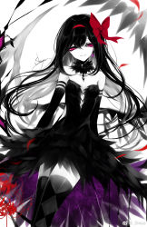 Rule 34 | 1girl, akemi homura, akuma homura, artist name, bare shoulders, black collar, black dress, black gloves, black hair, black thighhighs, bow, breasts, chinese commentary, cleavage, collar, collarbone, commentary request, dress, earrings, elbow gloves, eyelashes, flower, gloves, grin, hair between eyes, hair bow, hairband, head tilt, highres, jewelry, limited palette, long hair, looking at viewer, mahou shoujo madoka magica, mahou shoujo madoka magica: hangyaku no monogatari, petals, pink eyes, red bow, red flower, red hairband, sheya, signature, simple background, small breasts, smile, solo, spoilers, spot color, strapless, strapless dress, thighhighs, thighs, weibo logo, weibo watermark, white background, zettai ryouiki