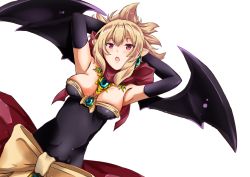 Rule 34 | 1girl, arms behind head, blonde hair, bow, breasts, breasts apart, brooch, demon girl, demon wings, detached sleeves, disgaea, dress, dutch angle, earrings, gem, jewelry, makai senki disgaea 2, medium breasts, necklace, neo (tyottama), open mouth, pointy ears, ponytail, red bow, red eyes, rozalin, short ponytail, simple background, solo, strapless, strapless dress, upper body, white background, wings, yellow bow