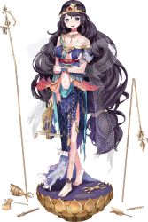 Rule 34 | 1girl, black hair, blue eyes, blush, bowgun, breasts, crown, full body, holding, holding weapon, jewelry, kannonji (oshiro project), large breasts, long hair, midriff, navel, necklace, official art, oshiro project:re, oshiro project:re, sheep sleep, short sleeves, solo, torn clothes, transparent background, underboob, very long hair, weapon
