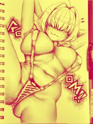Rule 34 | 1girl, :d, absurdres, ahoge, arms behind head, bikini, breasts, cellbus-chan, collarbone, elegg (nikke), fang, goddess of victory: nikke, hair intakes, hair over eyes, highres, large breasts, long bangs, monochrome, navel, open mouth, plump, short hair, smile, solo, spread legs, swimsuit, thigh strap, traditional media