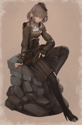 Rule 34 | 1girl, absurdres, au ra, boots, brown background, brown eyes, brown hair, card, dragon horns, dragon tail, final fantasy, final fantasy xiv, fingerless gloves, gloves, hat, high heel boots, high heels, highres, horns, josh corpuz, looking at viewer, medium hair, pleated skirt, scales, sitting, skirt, solo, tail, thigh boots, thighhighs, wrist guards