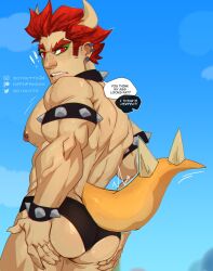Rule 34 | 1boy, armlet, artist name, ass, bara, biceps, blue sky, blurry, blurry background, bowser, bracelet, cloud, ear piercing, earrings, hand on own ass, highres, horns, huge ass, humanization, jewelry, large pectorals, logo, looking at another, looking back, male focus, male swimwear, manly, mario (series), mature male, muscular, muscular male, nintendo, nipple piercing, nipples, pectorals, piercing, red hair, signature, sky, solo, soynutts, speech bubble, spiked armlet, spiked bracelet, spiked hair, spikes, swim briefs, tail, thick arms, thick eyebrows, twitter username