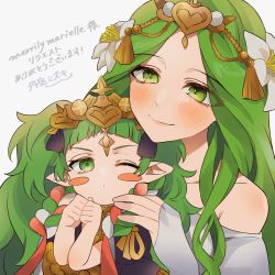 Rule 34 | 2girls, age switch, aged down, aged up, bare shoulders, blush, female focus, fire emblem, fire emblem: three houses, green eyes, green hair, highres, looking at viewer, matching hair/eyes, mother and daughter, multiple girls, nintendo, pointy ears, rhea (fire emblem), smile, sothis (fire emblem)
