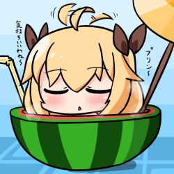 Rule 34 | 1girl, :&lt;, afterimage, ahoge, ahoge wag, azur lane, bendy straw, blonde hair, blue background, blush, brown ribbon, chibi, closed eyes, commentary request, drinking straw, expressive hair, facing viewer, food, fruit, fruit cup, hair between eyes, hair ribbon, hana kazari, mini person, minigirl, parted lips, prototype bulin mkii (azur lane), ribbon, solo, steam, translation request, triangle mouth, watermelon
