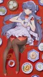 Rule 34 | 1girl, absurdres, apron, baozi, china dress, chinese clothes, closed mouth, dress, food, frilled apron, frills, full body, hair bun, heart, heart hands, highres, knees together feet apart, knees up, long hair, lying, maid headdress, mono (mono zzz), on back, pantyhose, purple eyes, purple hair, ranma 1/2, shampoo (cat), shampoo (ranma 1/2), sidelocks, single hair bun, solo