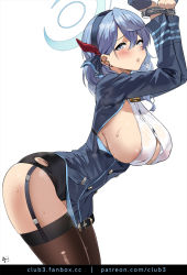 Rule 34 | 1girl, ako (blue archive), areola slip, bell, black skirt, blue archive, blue eyes, blue gloves, blue hair, blue hairband, blue jacket, blush, breasts, brown thighhighs, club3, covered erect nipples, cuffs, earrings, garter straps, gloves, hair between eyes, hairband, half gloves, handcuffs, hands up, highres, jacket, jewelry, large breasts, long hair, long sleeves, looking at viewer, miniskirt, neck bell, open mouth, red ribbon, ribbon, sideboob, simple background, skirt, solo, sweat, thighhighs, thighs, white background